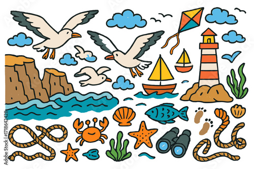 Seaside Adventure Doodle. Colorful Hand-drawn doodle Children illustration Seagulls flying near cliffs seagulls, rocky cliffs,