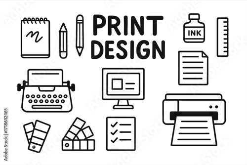 Print Design Tools. Print Design. Hand-drawn doodle illustration catalog cover, sketchbook, pencil, ruler, paper stack, ink bottle