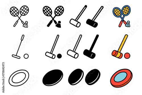 Retro Picnic Games Icons. Icon Set of Retro picnic games: wooden badminton set, croquet mallet, frisbee disc. Icons set in vector