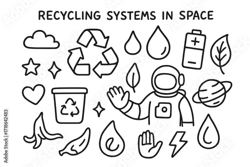 Recycling in Space Doodles. Hand-drawn doodle illustration Recycling systems in space [recycling arrows, bin, astronaut, water