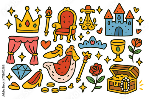 Royal Doodle Icons. Colorful Hand-drawn doodle Children illustration Royal lifestyle crown, scepter, throne, golden shoes, jewel,