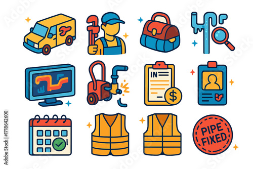 Plumbing Services Icons. Colorful isometric vector icons set of professional plumbing services: plumber van, plumber with wrench,