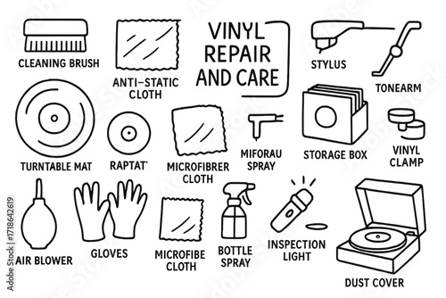 Vinyl Care Essentials. Hand-drawn doodle illustration Vinyl repair and care [cleaning brush, anti-static cloth, turntable mat,