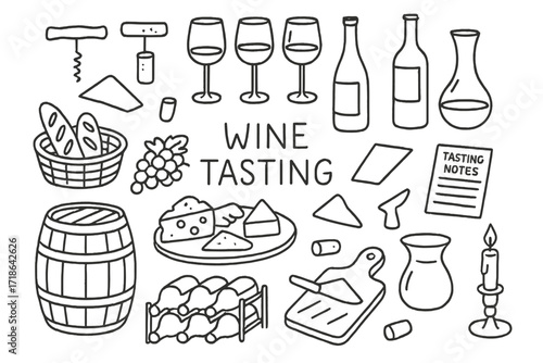 Wine Tasting Icons. Wine tasting setup. Hand-drawn doodle illustration wine tasting setup wine glasses, wine bottles, corkscrew,