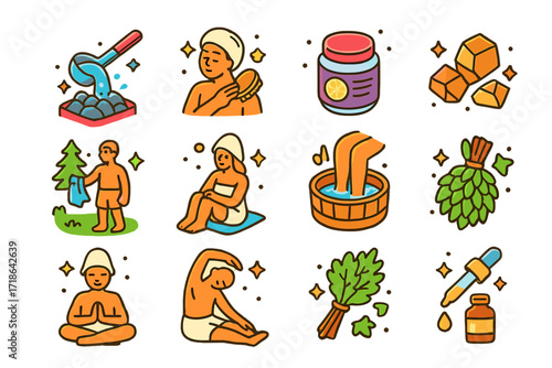 Sauna Ritual Icons. Colorful isometric vector icons set of Sauna rituals and routines: pouring water on stones, brushing skin,