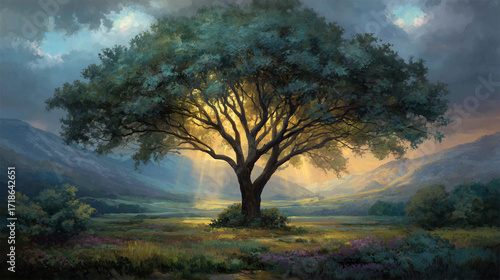 Big old oak tree at sunset with golden rays, wallpaper background