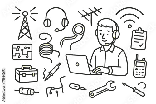 Radio Technician Doodle. Hand-drawn doodle illustration Radio technician working radio tower, headset, antenna, toolbox, wire,