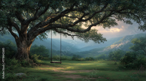Big old oak tree with swing overlooking valley, wallpaper background