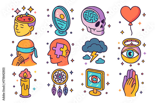 Isometric Subconscious Icons. Colorful isometric vector icons set of subconscious metaphors: open head with stars, mirror showing