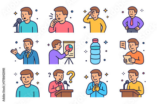 Public Speaking Icons. Colorful isometric vector icons set of public speaking manners: using microphone, speaking clearly,