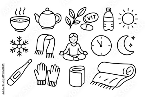 Winter Wellness Essentials. Hand-drawn doodle illustration winter wellness hot soup bowl, teapot, herbal leaves, vitamins, water