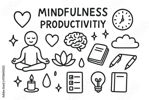 Mindfulness and Productivity Icons. Hand-drawn doodle illustration Mindfulness and productivity [meditation figure, lotus flower,