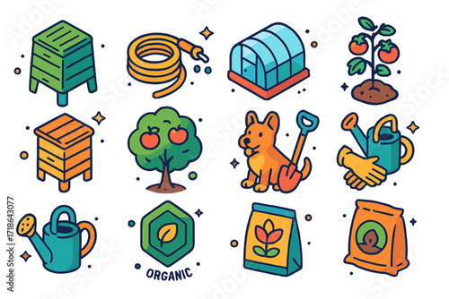 Organic Farming Icons. Colorful isometric vector icons set of local organic farming: compost bin, irrigation hose, greenhouse,