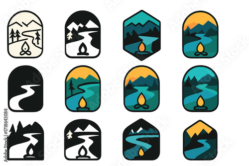 River Adventure Logos. Set Logo of river rafting adventure: campfire by river at dusk. Logo set in vector style, emblematic