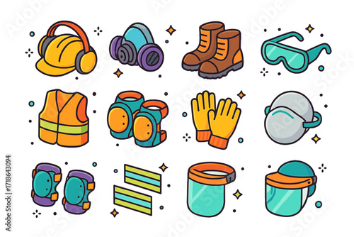 Safety Gear Icons. Colorful isometric vector icons set of safety gear for concrete work: safety helmet, ear protection, respirator