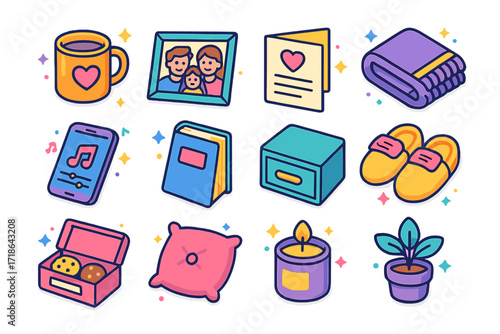 Personalized Care Icons. Colorful isometric vector icons set of personalized care moments: favorite mug, framed family photo,
