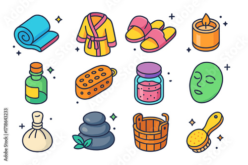 Spa Essentials Icons. Spa essentials. Colorful isometric vector icons set of spa essentials: rolled towel, bathrobe, slippers,