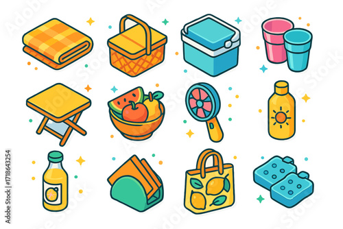 Lemonade Picnic Icons. Colorful isometric vector icons set of lemonade picnic essentials: picnic blanket, wicker basket, insulated