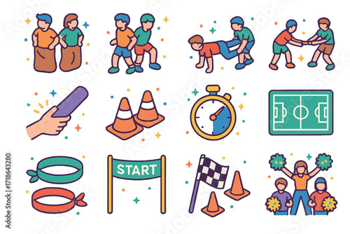 Outdoor Games Icons. Colorful isometric vector icons set of team-based outdoor games: sack race, three-legged race, wheelbarrow