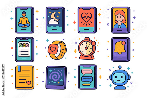 Isometric Mental Health Apps. Colorful isometric vector icons set of mental health apps and tech: guided meditation app, sleep