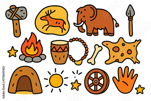 Prehistoric Artifacts Illustration. Colorful Hand-drawn doodle Children illustration prehistoric artifacts stone axe, cave