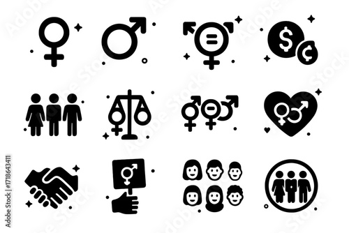 Inclusive Gender Icons. Gender Equality. Solid icons set of female symbol, male symbol, gender-neutral symbol, equal pay, diverse