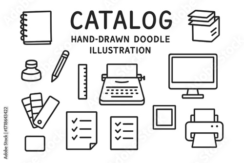 Print Design Elements. Print Design. Hand-drawn doodle illustration catalog cover, sketchbook, pencil, ruler, paper stack, ink
