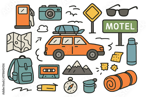 Road Trip Essentials. Road trip. Hand-drawn doodle illustration road trip car colored, map, gas pump, camera, roadside sign