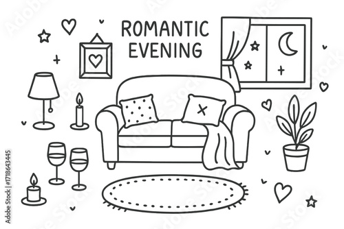 Romantic Evening Doodle. Romantic Evening. Hand-drawn doodle illustration romantic evening sofa, wine glasses, candle, lamp,