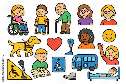 Inclusive Doodle Icons. Colorful Hand-drawn doodle Children illustration People with disabilities and accessibility [wheelchair,