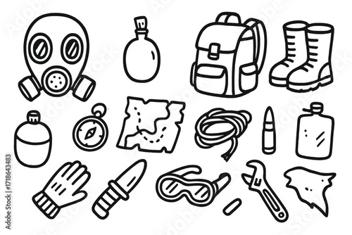 Survival Gear Doodle. Hand-drawn doodle illustration Wasteland survival gear [gas mask, backpack, boots, water bottle, compass,
