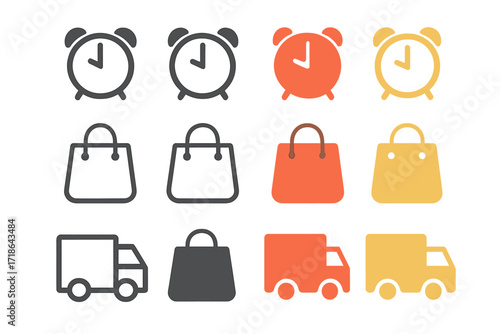 Icon Variations Grid. Three rows: each row shows one object in 4 variations. All icons equally spaced in a 3×4 grid (4 per row).