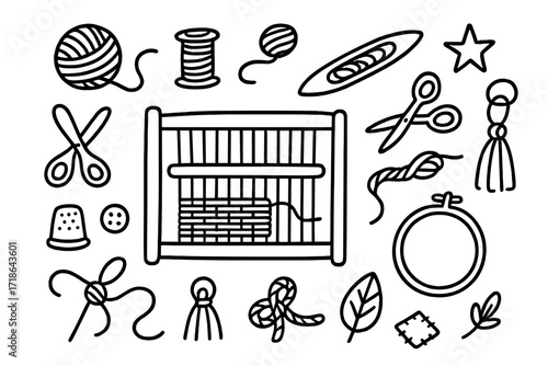 Loom Weaving Doodle Icons. Hand-drawn doodle illustration Loom weaving [loom, shuttle, yarn ball, spool, thread, scissors, thimble
