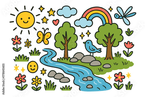 Whimsical Forest Scene. Colorful Hand-drawn doodle Children illustration Forest Springs water stream, rocks, trees, flowers,