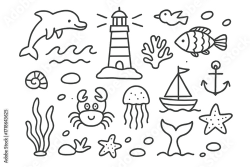 Marine Life Doodle. Hand-drawn doodle illustration lighthouse and marine life lighthouse, dolphin, fish, seagull, coral, crab,