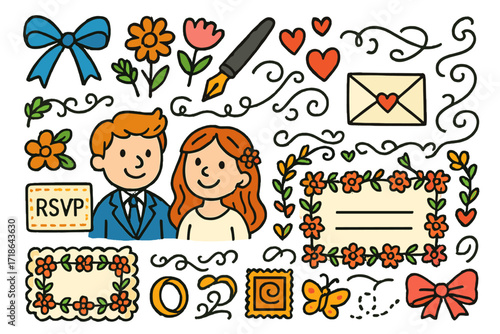 Wedding Stationery Doodles. Colorful Hand-drawn doodle Children illustration Custom wedding stationery ribbon, flowers, pen,