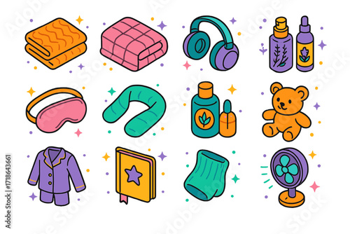 Sensory Sleep Aid Icons. Colorful isometric vector icons set of sensory sleep aids: textured blanket, weighted comforter, soft