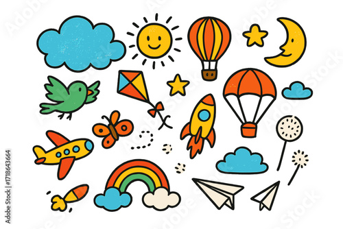 Sky Doodle Wonders. Floating in the sky. Colorful Hand-drawn doodle Children illustration cloud, hot air balloon, bird, kite,