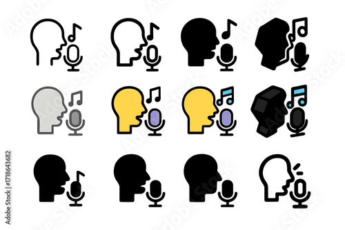 Music Control Logos. Set Logo of Voice-Controlling Music: Speech Recognition Icon. Logo set in vector style, emblematic variations
