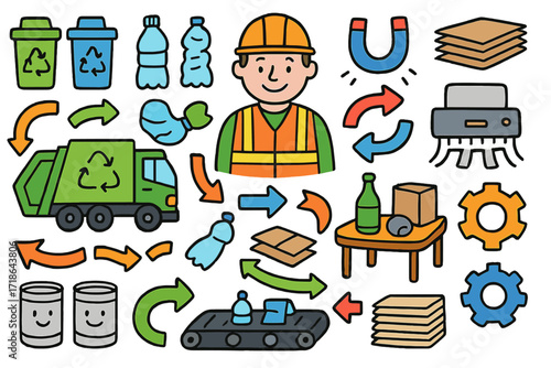 Recycling Adventure for Kids. Colorful Hand-drawn doodle Children illustration Recycling center tour garbage truck, bins, conveyor