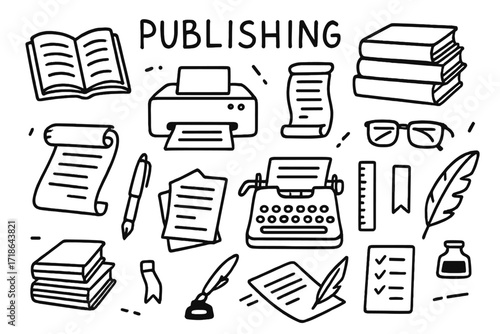 Publishing Tools Doodle. Publishing. Hand-drawn doodle illustration open book, stack of books, printer, typewriter, scroll, ink