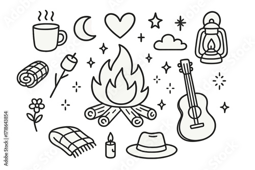 Romantic Campfire Doodles. Hand-drawn doodle illustration Romantic bonfire [bonfire flames, logs, heart, moon, star, cup, blanket,