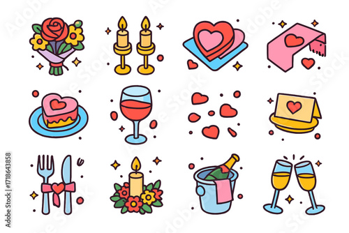 Romantic Anniversary Icons. Colorful isometric vector icons set of romantic anniversary table setup: flower bouquet, candle