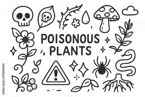 Poisonous Plant Doodles. Hand-drawn doodle illustration Poisonous plants in nature [skull, toxic leaf, thorny stem, mushroom,