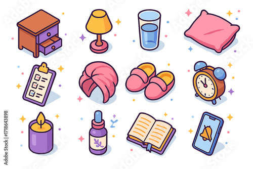 Isometric Nighttime Skincare Icons. Colorful isometric vector icons set of nighttime skincare setup: bedside table, dim lamp,