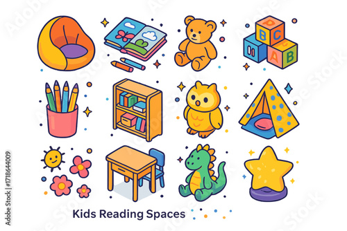 Kids Reading Icons. Colorful isometric vector icons set of Kids Reading Spaces: bean bag chair, picture books, plush toy, alphabet