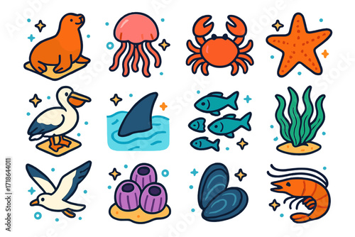 Marine Wildlife Icons. Colorful isometric vector icons set of marine wildlife at the quay: sea lion, jellyfish, crab, starfish,