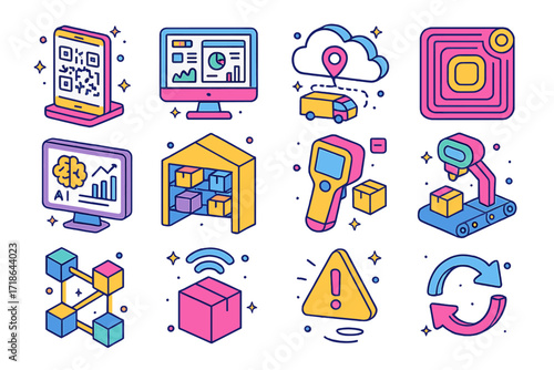 Supply Chain Icon Set. Colorful isometric vector icons set of Supply Chain Technologies: tracking QR code, ERP dashboard,