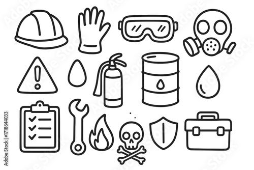 Workplace Safety Doodles. Hand-drawn doodle illustration Workplace hazardous materials [helmet, gloves, goggles, gas mask, warning