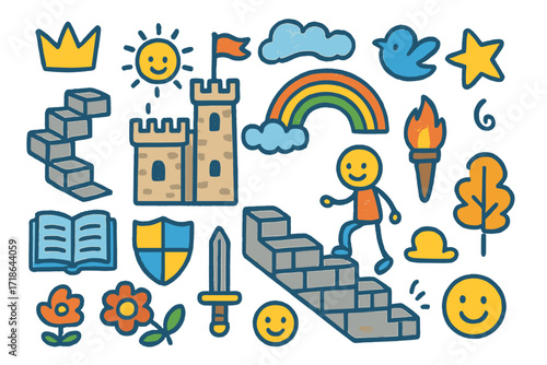 Whimsical Castle Adventure. Colorful Hand-drawn doodle Children illustration Castle Stairs [stone stairs, person, torch, flag,